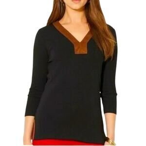 Lauren Ralph Lauren Top Micro Suede Trim Women L V-Neck Long sleeve Black Brown